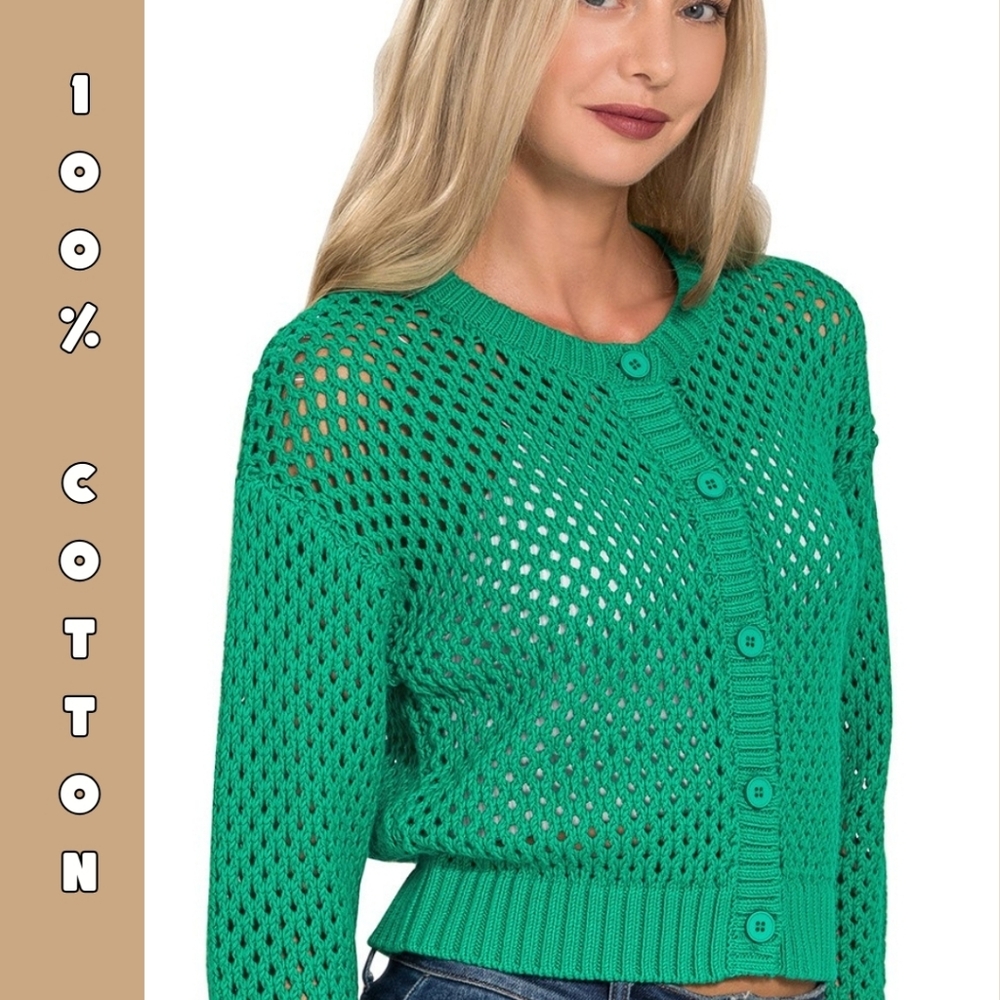 100% Cotton Emerald Crocheted Cardigan